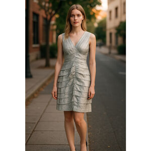 Adrianna Papell Metallic Silver Evening Dress, Size 12, Pleated Layered Design